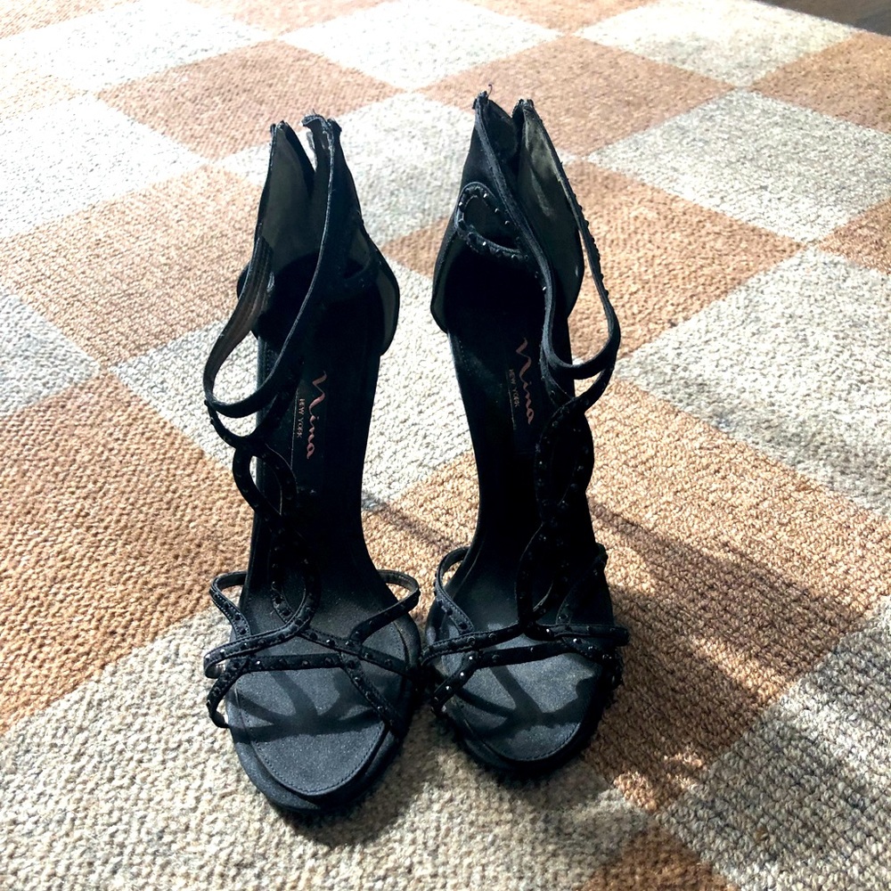 Nina sandals , black satin, size 7.5, worn once!